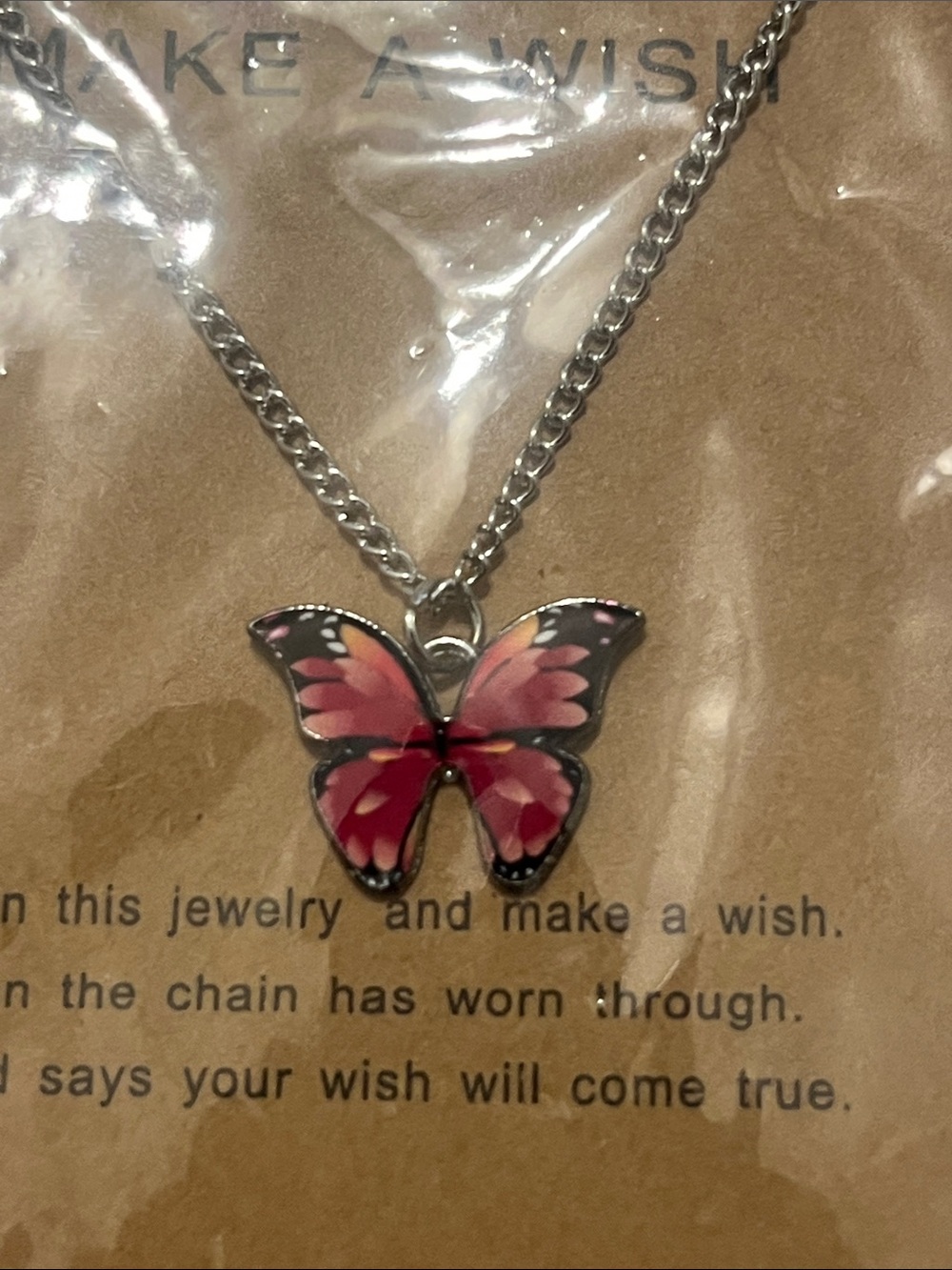 Pink Butterfly Pendant Necklace with Silver tone Chain